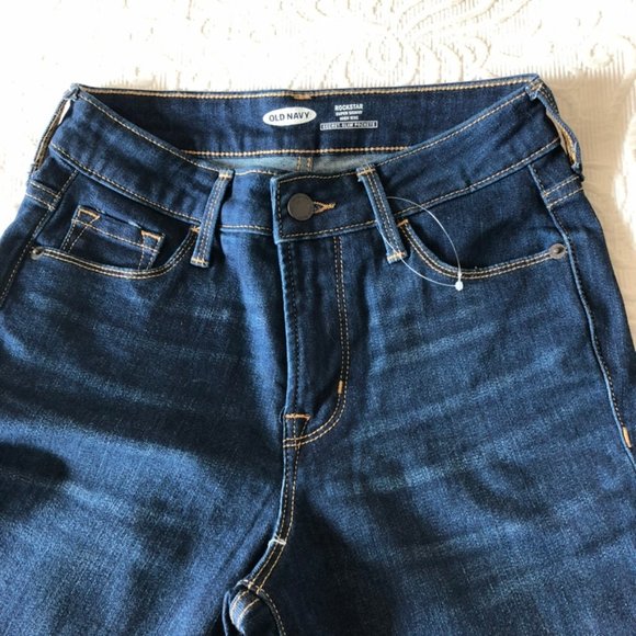 OLD NAVY Denim Blue ROCKSTAR SUPER SKINNY HIGH RISE SECRET SLIM POCKETS 0 NEW - Picture 1 of 4